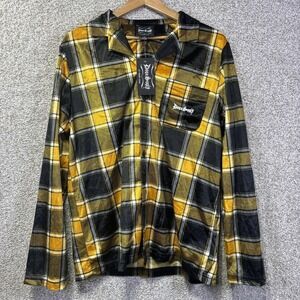 Dogg Supply Pajama Top Mens Large Gold Black Plaid Fleece Long Sleeve Sleepwear